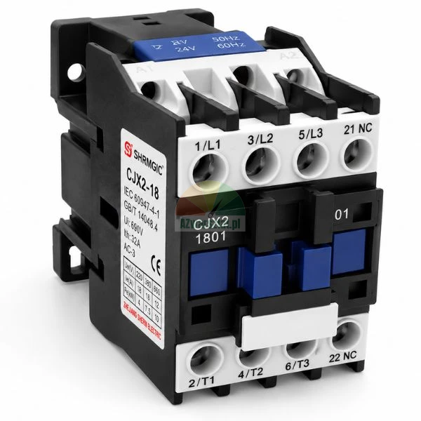 Three-phase AC contactor CJX2-1801 24V for electrical switchboards, front angle view on white background