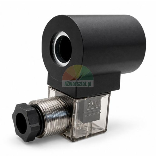 Black solenoid coil 16mm 220V AC with transparent DIN connector plug and metallic cable gland on white background