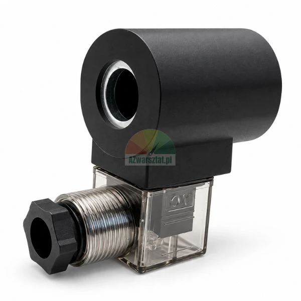 Black solenoid coil 16mm 220V AC with transparent DIN connector plug and metallic cable gland on white background