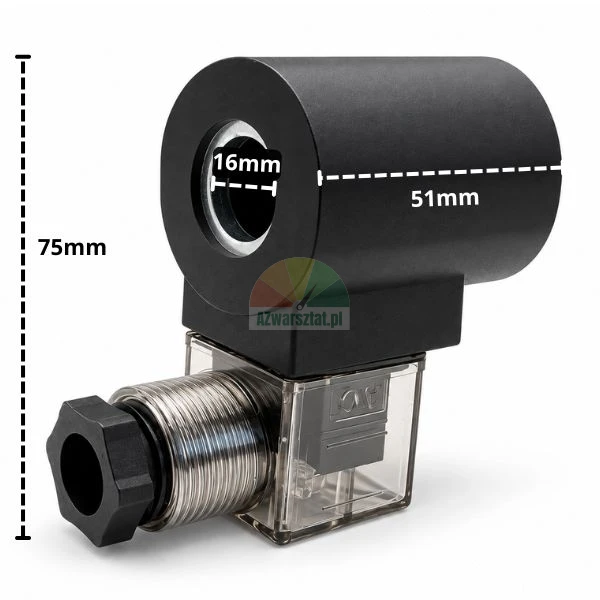 Black 16mm 220V AC solenoid coil with connector plug and dimensions