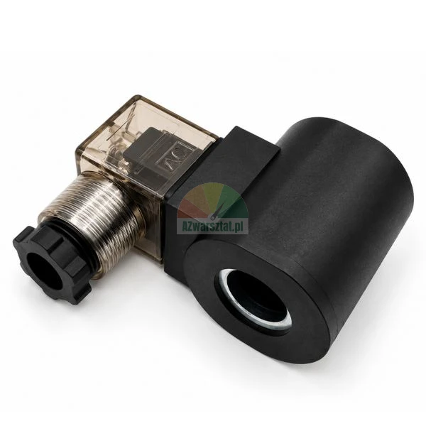 Black solenoid valve coil with transparent DIN electrical connector and cable gland on a white background.