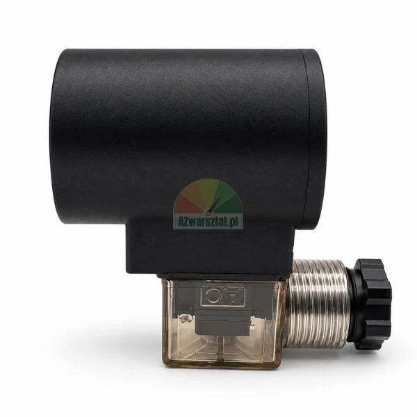 Black solenoid coil actuator with transparent DIN connector plug and metal cable gland on white background