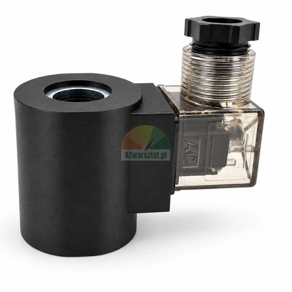 Black solenoid valve coil with transparent DIN connector plug on white background.