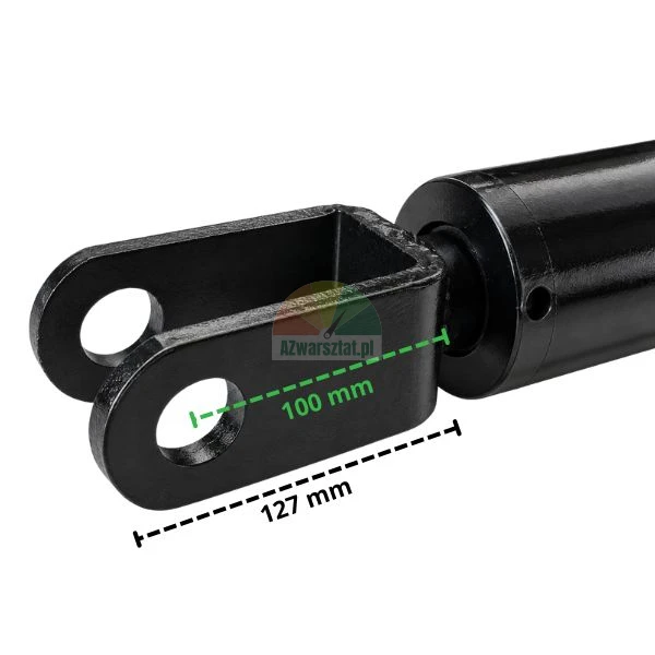 Black clevis mount end of a hydraulic cylinder with dimension indicators of 100 mm and 127 mm.
