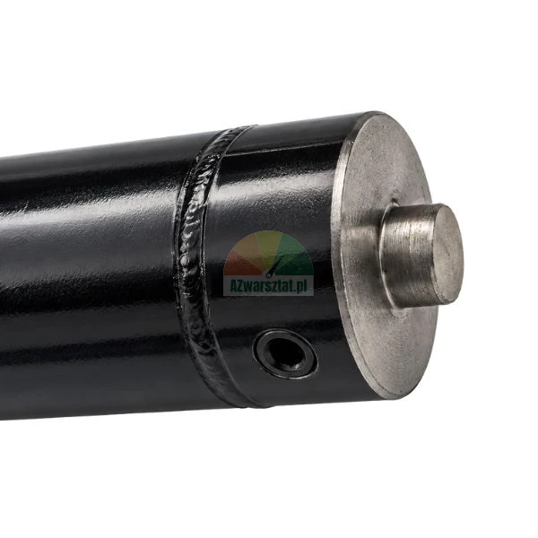 Close-up of a black hydraulic cylinder featuring a welded base cap, hydraulic port, and metal mounting pin on a white background.