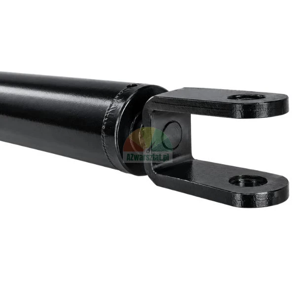 Close-up of a black hydraulic cylinder clevis end mounting on a white background