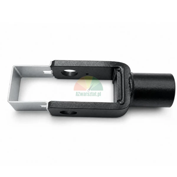 Black metal bracket for 38 mm hoist chain guide wheel with silver retaining clip on white background
