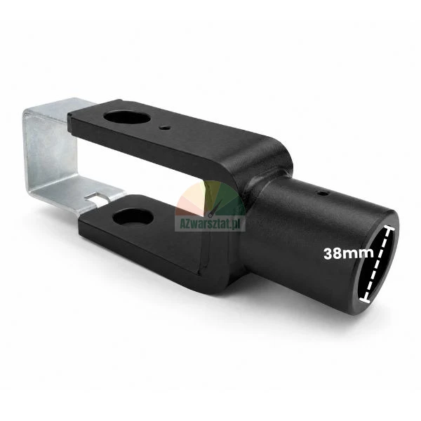 Black metal clevis hitch adapter with a 38 mm tube socket and silver retaining clip
