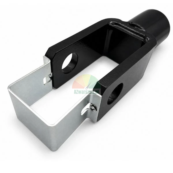 Black steel clevis hitch bracket adapter with silver metal safety retainer clip on white background