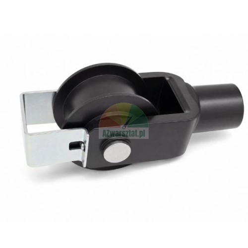 Black two-post car lift chain pulley roller with 38 mm bracket on white background