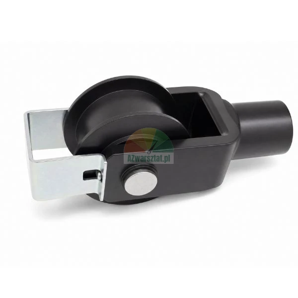 Black two-post car lift chain pulley roller with 38 mm bracket on white background