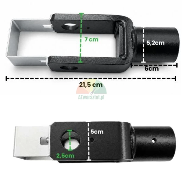 Metal trailer hitch adapter shown from two angles with technical dimensions: total length 21.5 cm, inner width 7 cm, hole diameter 2.5 cm.