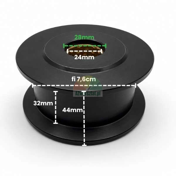 Black metal idler pulley or belt roller with specified dimensions: outer diameter 7.6 cm, total height 44 mm, width 32 mm, inner hole 24 mm and 28 mm