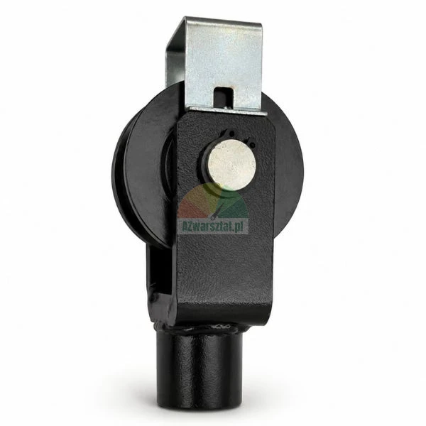 Black swivel cable pulley wheel with metal bracket for gym cable machine on a white background.