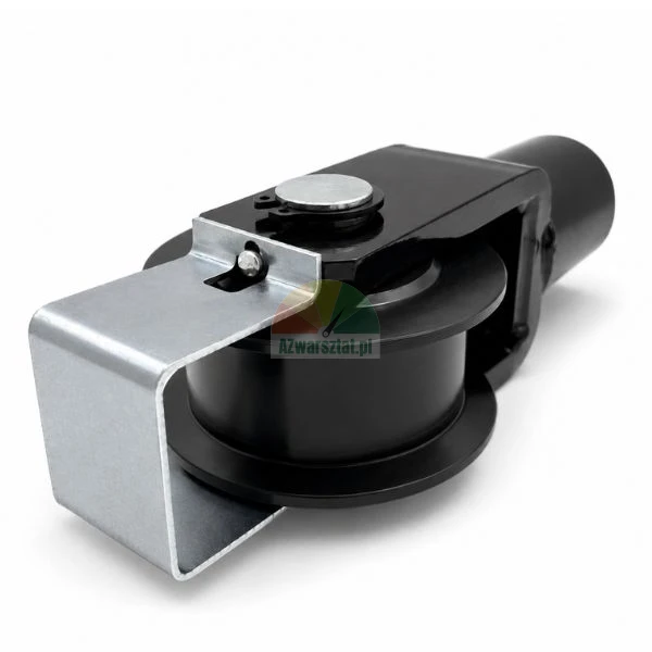 Black metal guide pulley roller with galvanized safety bracket on white background