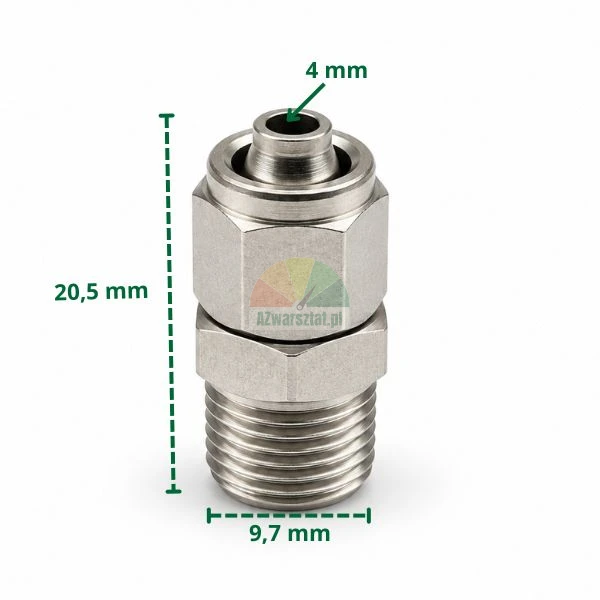 Metal straight push-in fitting for 4 mm tube and 9.7 mm thread with dimensions