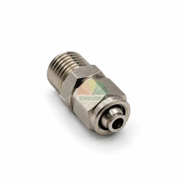 Metallic straight push-in male pneumatic fitting on white background