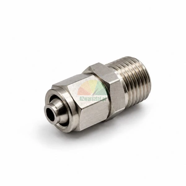 Stainless steel straight male push-in fitting connector on a white background.