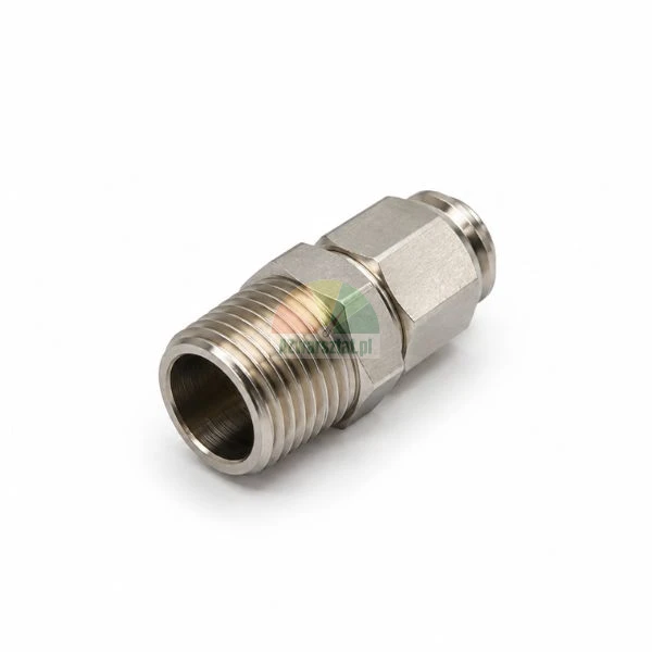 Metal male straight push-in pneumatic connector fitting on a white background