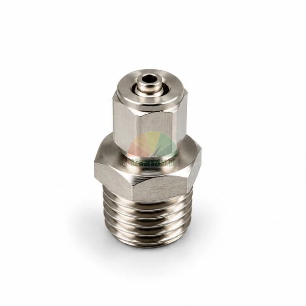 Metal straight push-in connector for 4mm tube with 12.7mm male thread on white background