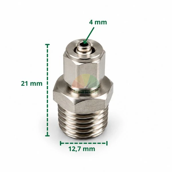 Metal push-in fitting for 4 mm hose with 12.7 mm thread and dimensions.