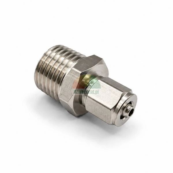 Stainless steel male straight thread connector fitting on a white background.