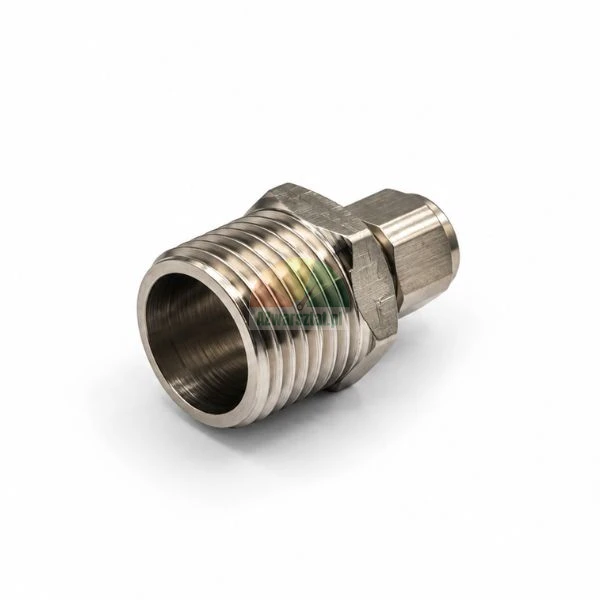 Metallic straight male stud connector with male thread and compression nut on a white background.