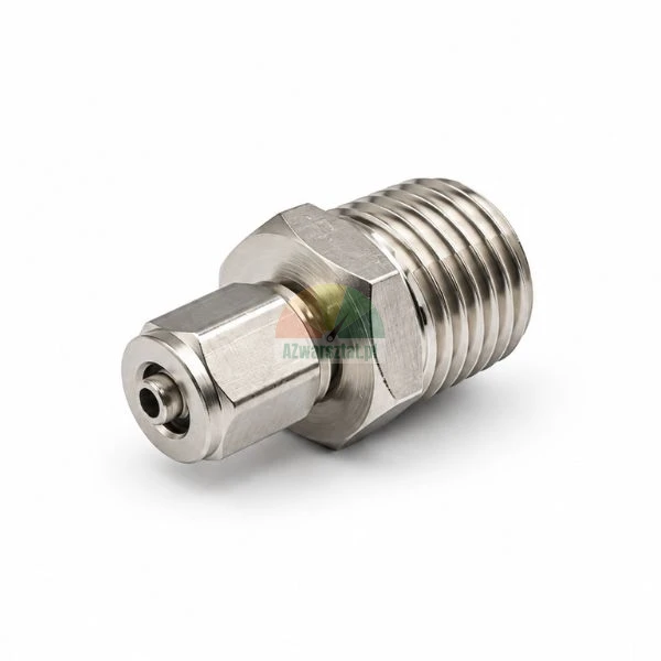 Stainless steel male straight connector fitting on a white background