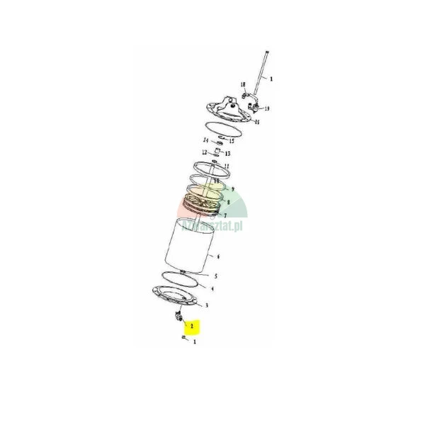 Exploded view diagram of a cylinder assembly with part number 2 highlighted in yellow