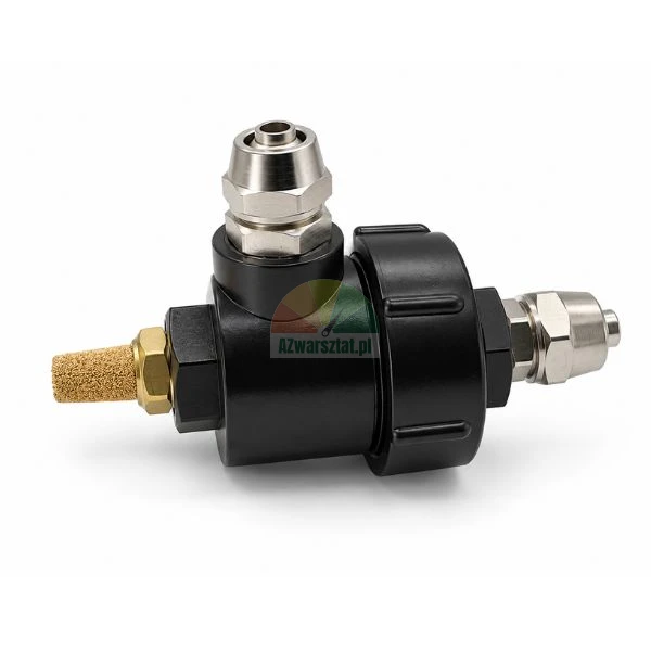Black pneumatic valve with sintered bronze muffler and metal tube fittings on a white background