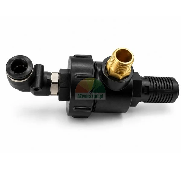 Black suction valve assembly with brass male thread, strainer filter and quick connector on a white background.