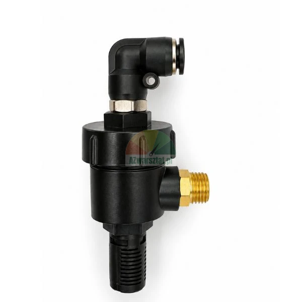 Black pneumatic vacuum ejector generator with brass male thread, elbow push-in fitting, and silencer on a white background.