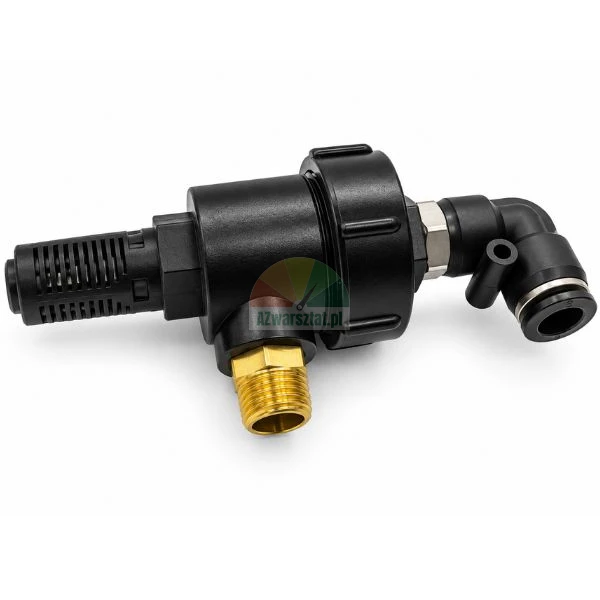 Black pneumatic component with silencer, brass thread, and elbow push-in fitting on a white background