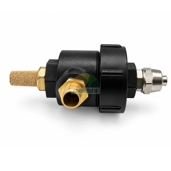 Black chemical injector with brass threaded connection, sintered bronze filter, and metal nozzle on a white background.