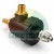 Black dosing valve with brass threaded fittings, sintered filter, and stainless steel nozzle on a white background