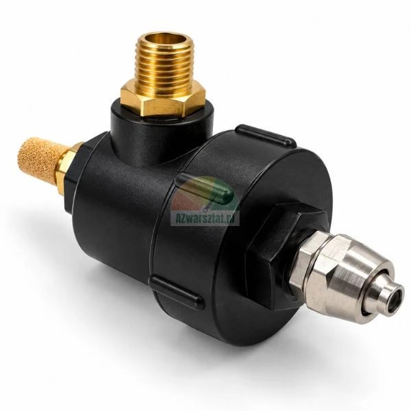 Black dosing valve with brass threaded fittings, sintered filter, and stainless steel nozzle on a white background