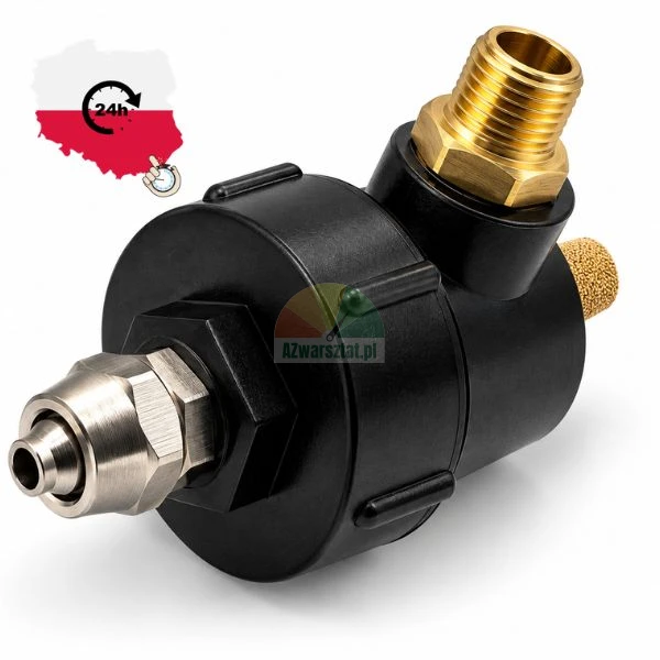 Pneumatic control valve in a black housing with a brass threaded fitting, sintered bronze muffler, and metal quick coupler.