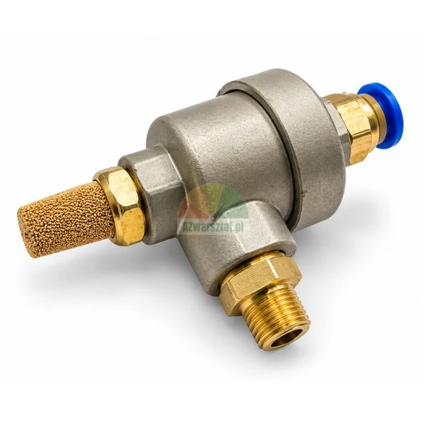 Pneumatic quick exhaust valve with sintered bronze silencer muffler and push-in fitting on white background