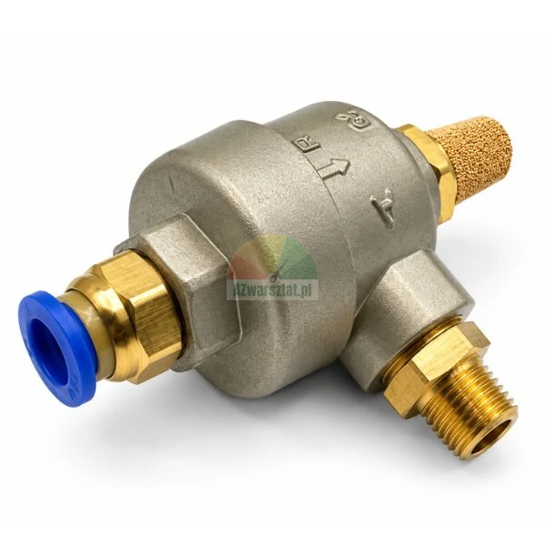 Pneumatic quick exhaust valve with brass silencer and push-in fitting on white background
