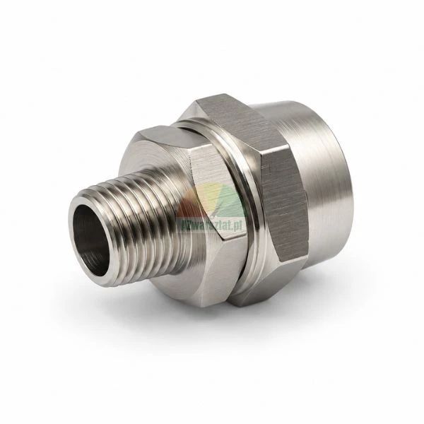 Stainless steel threaded pipe union connector on white background