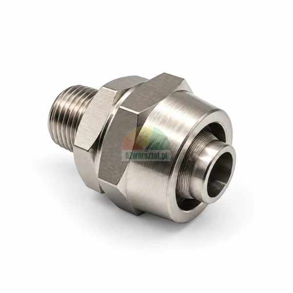 Stainless steel threaded pipe union connector on a white background