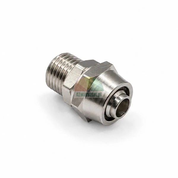 Stainless steel male threaded push-in connector fitting on a white background