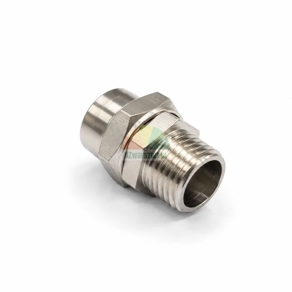 Stainless steel male threaded pipe fitting connector on a white background.