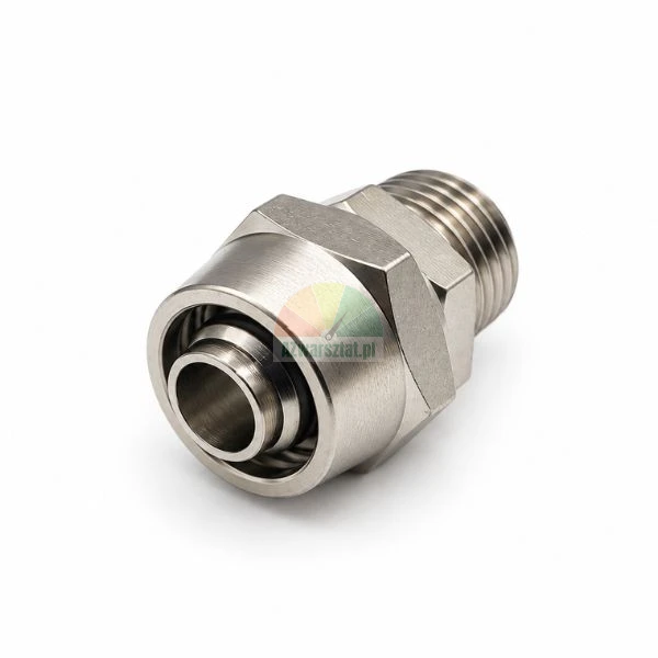 Metal pneumatic quick connector fitting with male thread on white background