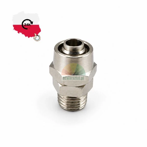 Metal pneumatic quick coupling with male thread on white background
