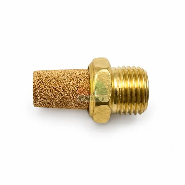 Brass pneumatic sintered bronze exhaust silencer muffler on a white background.