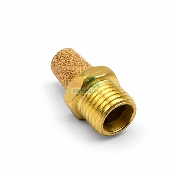Brass pneumatic silencer muffler with sintered bronze element on white background