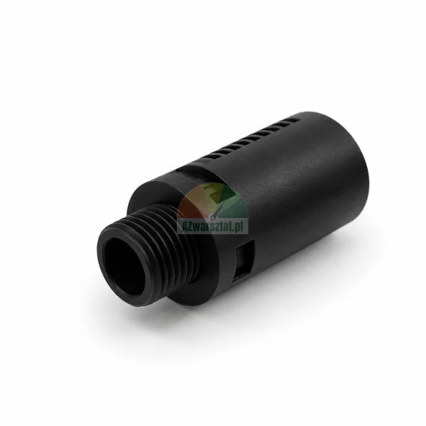 Black plastic pneumatic silencer muffler with male thread on a white background.