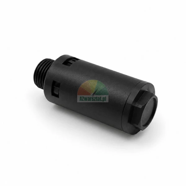 Black plastic air release valve with external thread on a white background