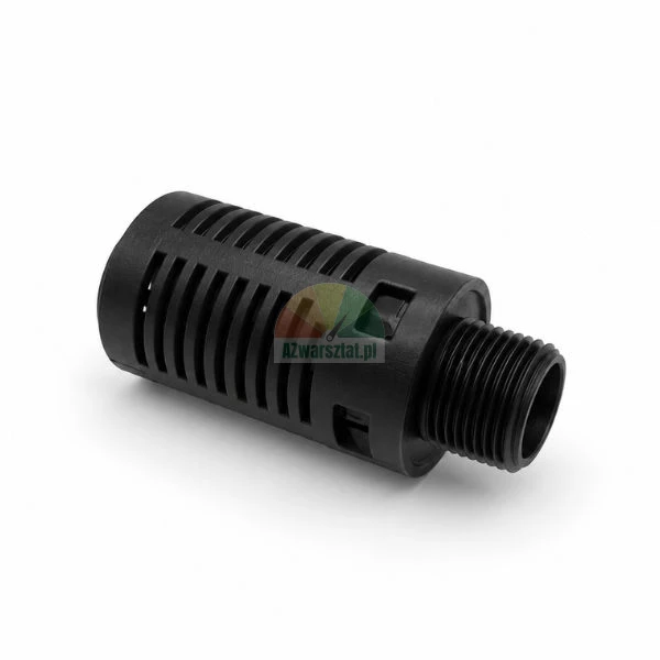 Black plastic suction strainer with male thread for pump intake on a white background